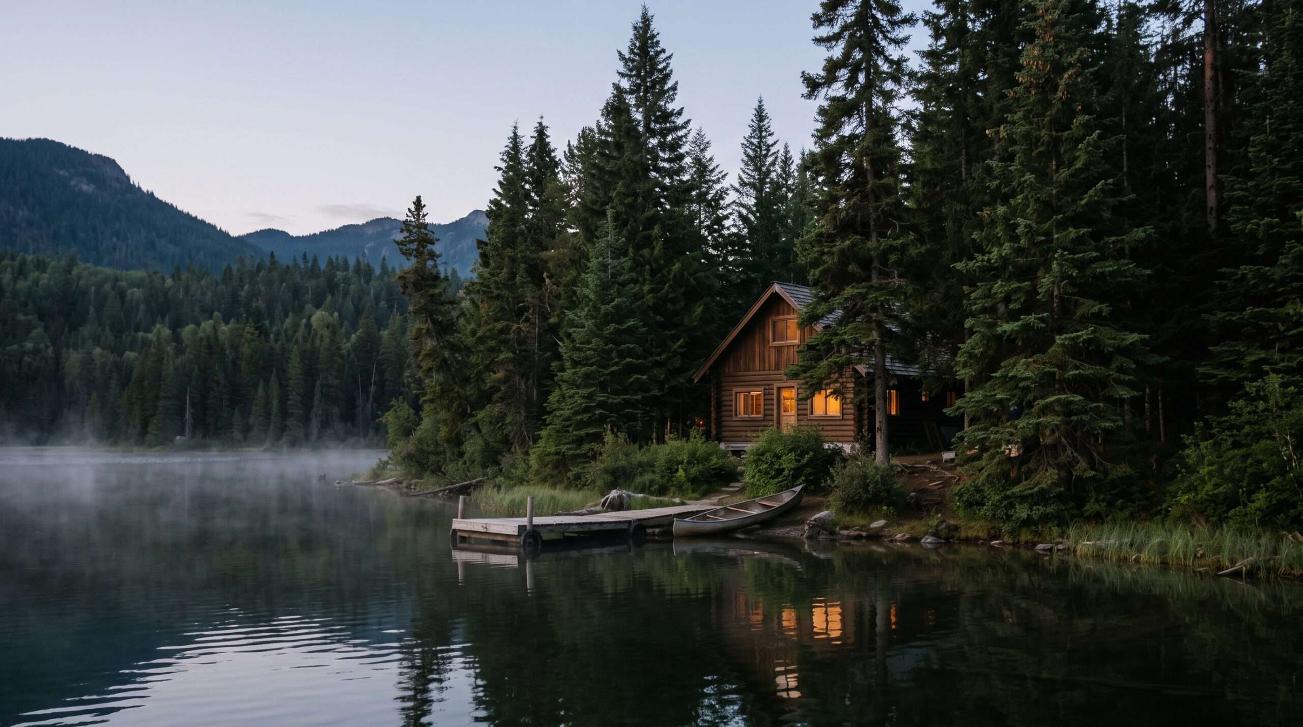 A rustic wooden cabin nestled on a forested lakeside at dusk with warm glowing windows, symbolizing a mental retreat.
