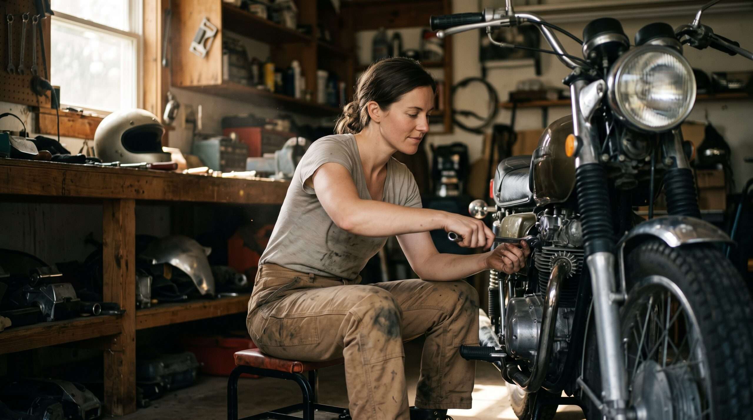 A woman deeply focused on restoring a motorcycle in a natural light-filled garage.