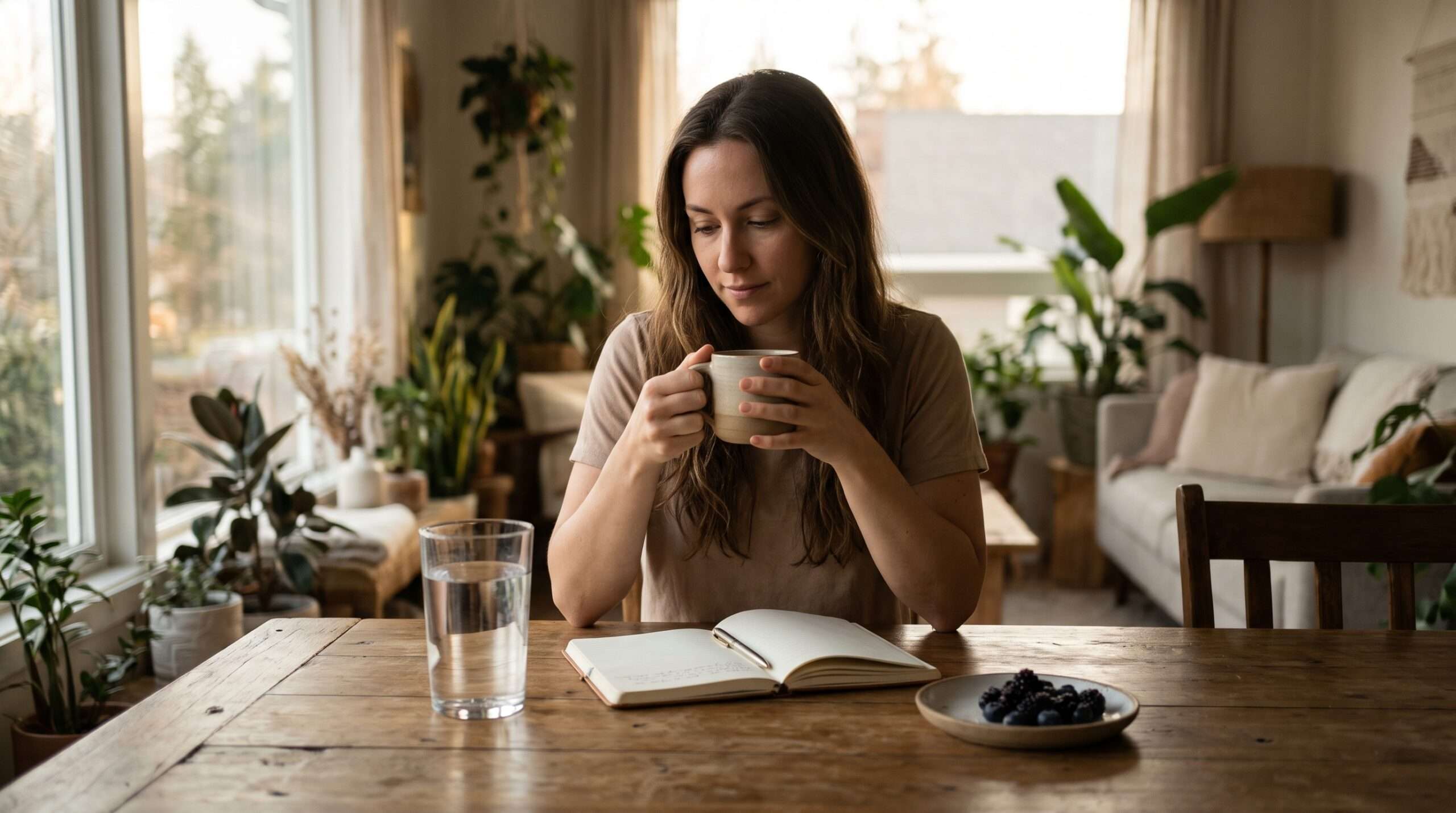 A person peacefully sitting at a sunlit wooden table in the morning, holding a mug and writing in a journal, embracing a mindful morning routine.
