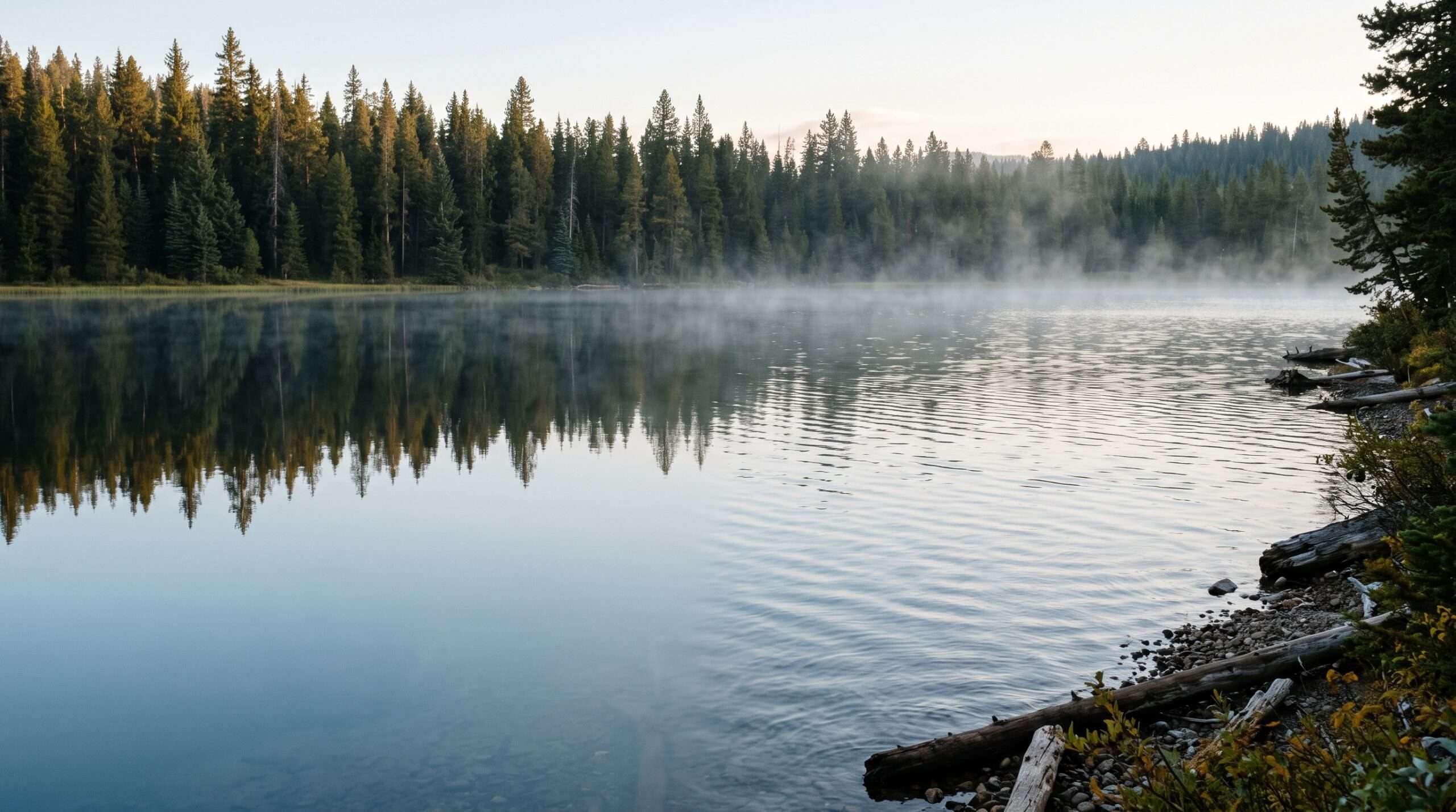 Calm and reflective glass-like lake surrounded by a misty pine forest at sunrise, symbolizing inner peace in dreams.
